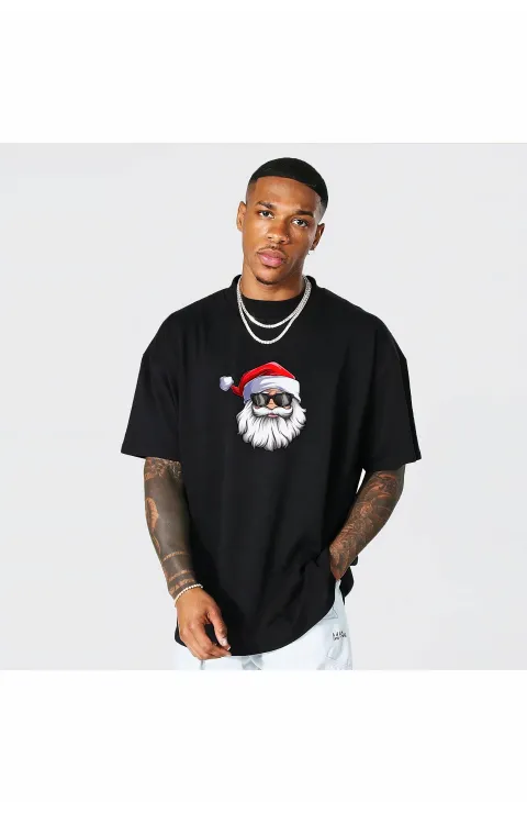 Gözlüklü Noel Baba T-shirt - Siyah