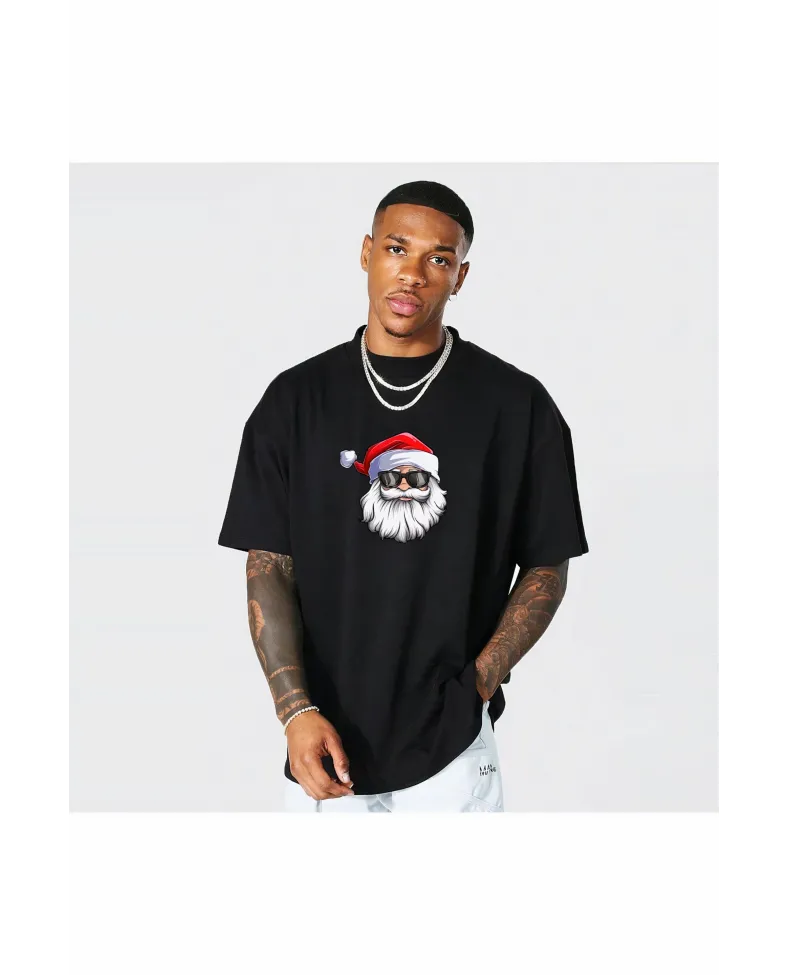 Gözlüklü Noel Baba T-shirt - Siyah