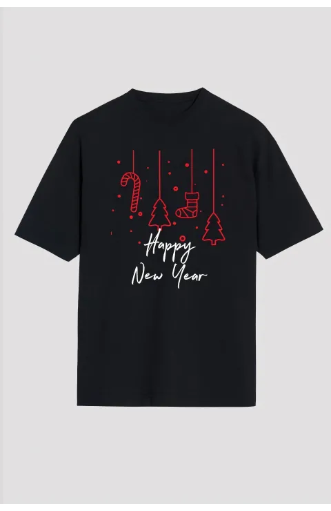 Happy New Year Baskılı T-shirt - Siyah