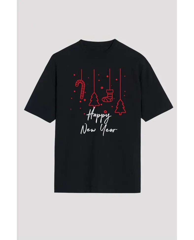Happy New Year Baskılı T-shirt - Siyah