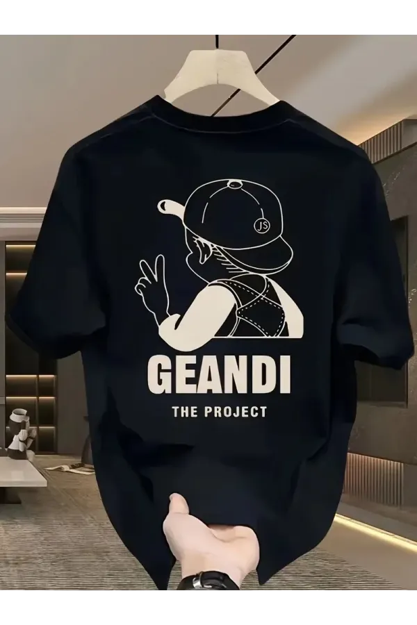 Geniş Kesim Pamuklu Tişört - "GANDHI The Project" Baskılı Siyah Kesim Kısa Kollu - Siyah