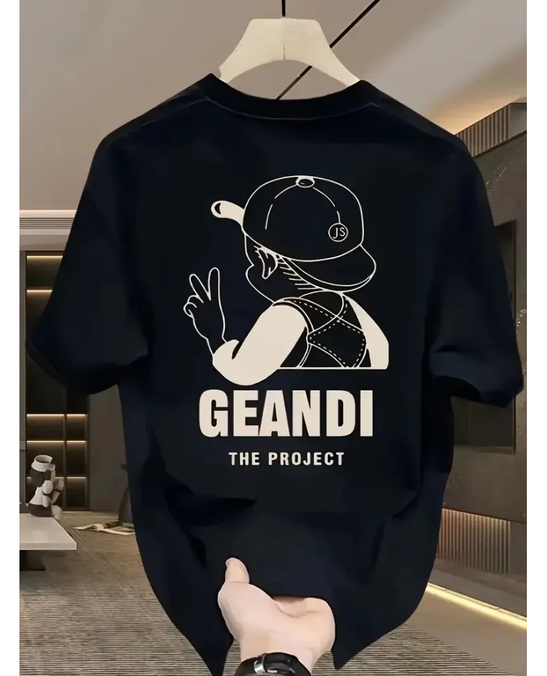 Geniş Kesim Pamuklu Tişört - "GANDHI The Project" Baskılı Siyah Kesim Kısa Kollu - Siyah