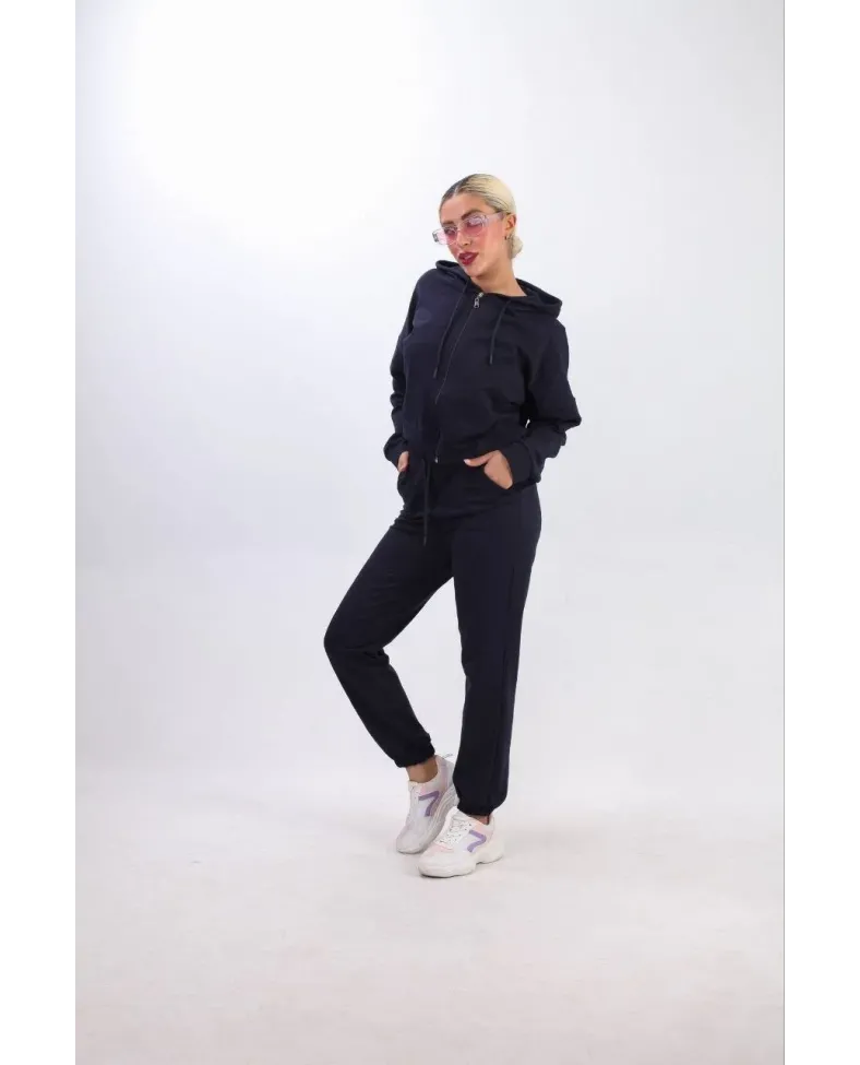 iki iplik Kapüşonlu Fermuarlı Crop Oversize Hırka Takım - Lacivert