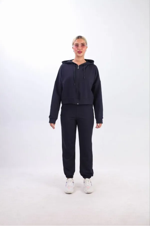 iki iplik Kapüşonlu Fermuarlı Crop Oversize Hırka Takım - Lacivert