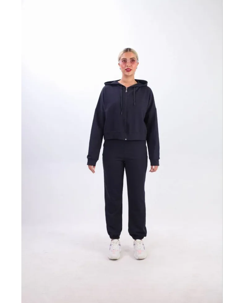 iki iplik Kapüşonlu Fermuarlı Crop Oversize Hırka Takım - Lacivert