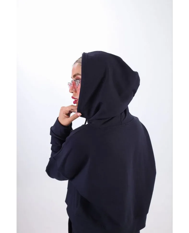 iki iplik Kapüşonlu Fermuarlı Crop Oversize Hırka Takım - Lacivert