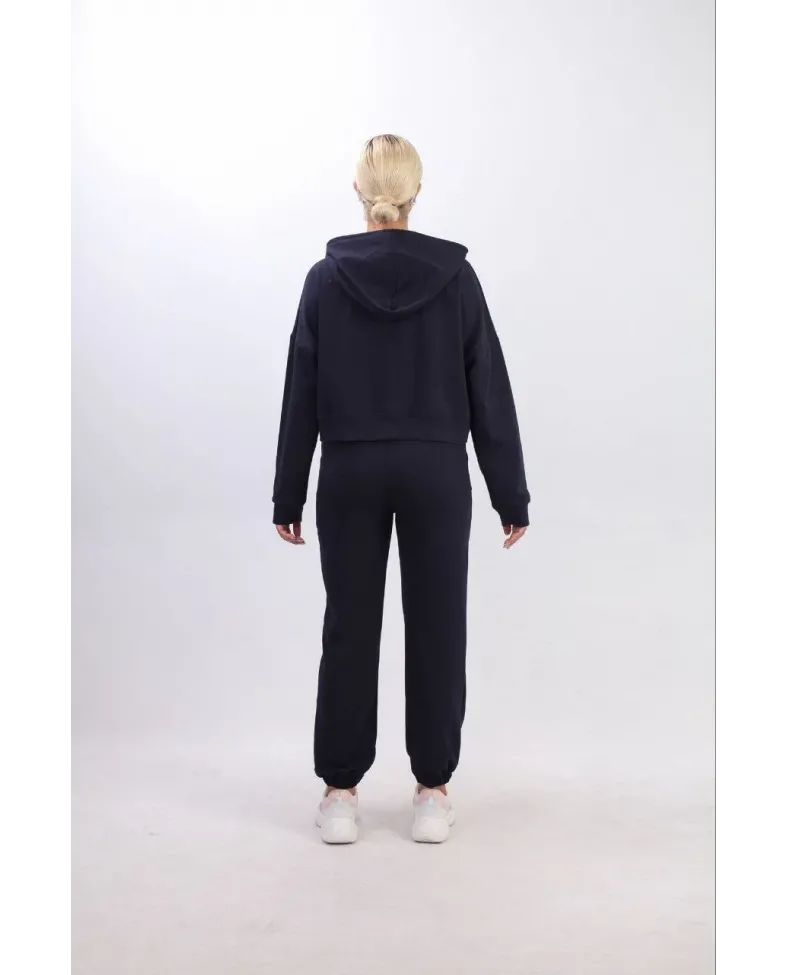 iki iplik Kapüşonlu Fermuarlı Crop Oversize Hırka Takım - Lacivert