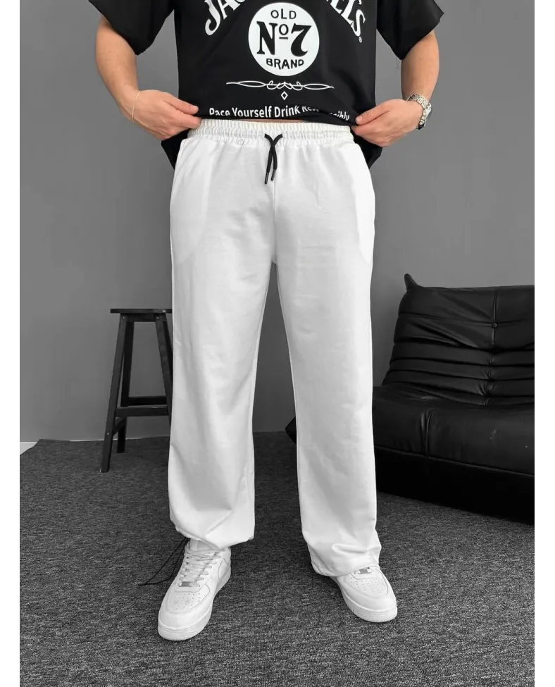 İki İplik Kumaş Beli Lastikli Yan Flota Cepli Baggy Alt Esofman - Beyaz