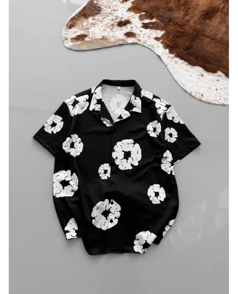 İki İplik Kumaş Baskılı Gömlek - Siyah