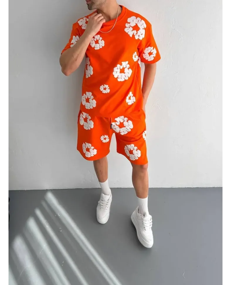 İki İplik Kumaş Baskılı T-shirt Şortlu Takım- Turuncu