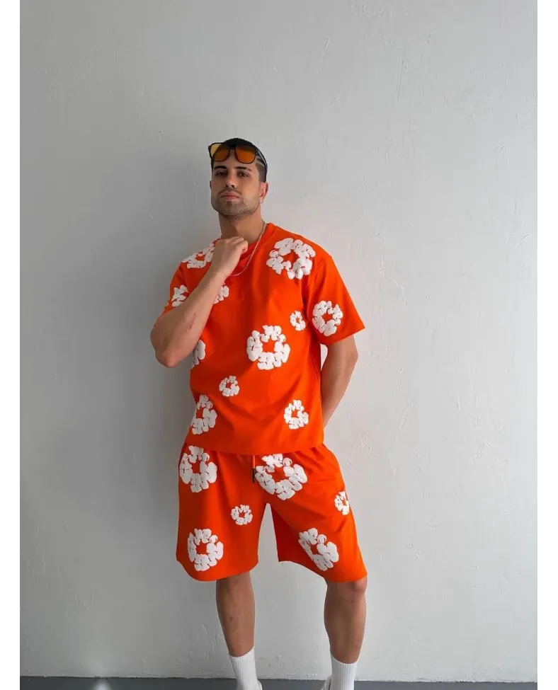 İki İplik Kumaş Baskılı T-shirt Şortlu Takım- Turuncu