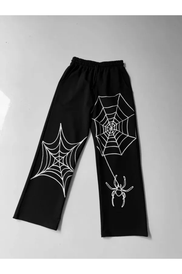 İki İplik Kumaş Örümcek Baskılı Esofman - Siyah