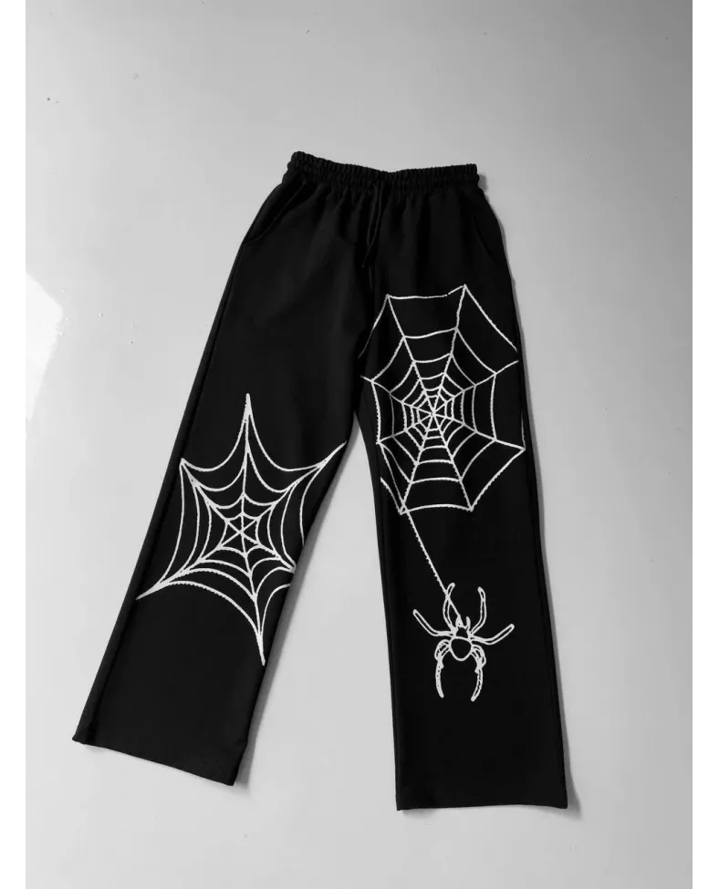 İki İplik Kumaş Örümcek Baskılı Esofman - Siyah