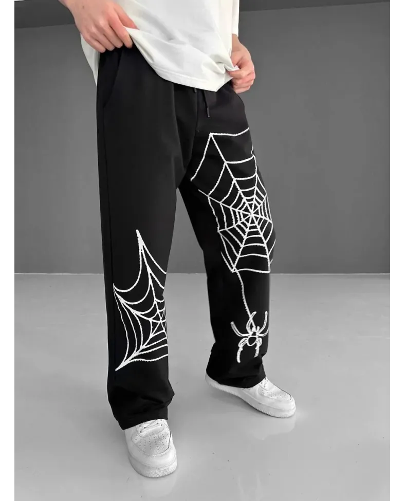 İki İplik Kumaş Örümcek Baskılı Esofman - Siyah