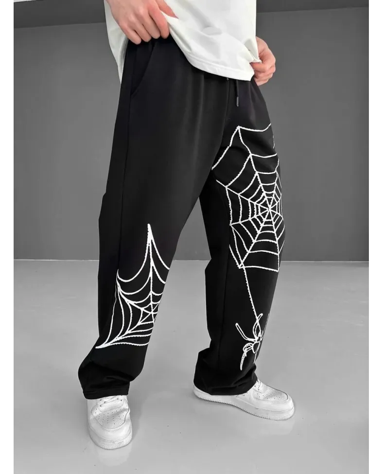 İki İplik Kumaş Örümcek Baskılı Esofman - Siyah