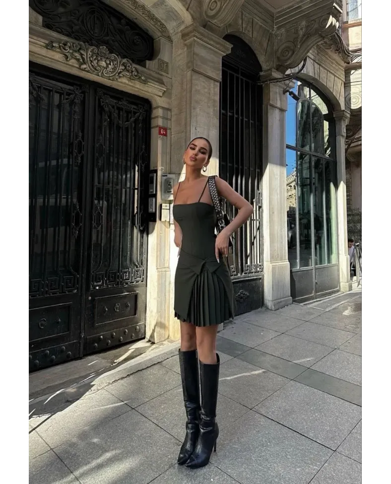 İki Parçalı Pileli Askılı Kadın Mini Elbise - Haki