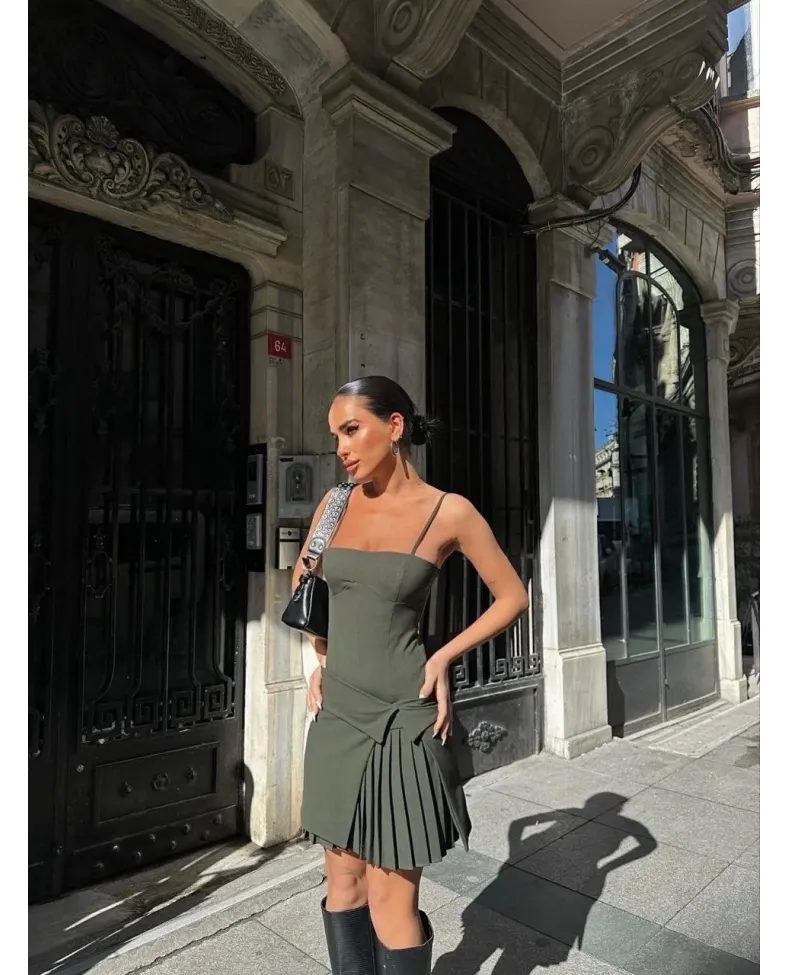 İki Parçalı Pileli Askılı Kadın Mini Elbise - Haki