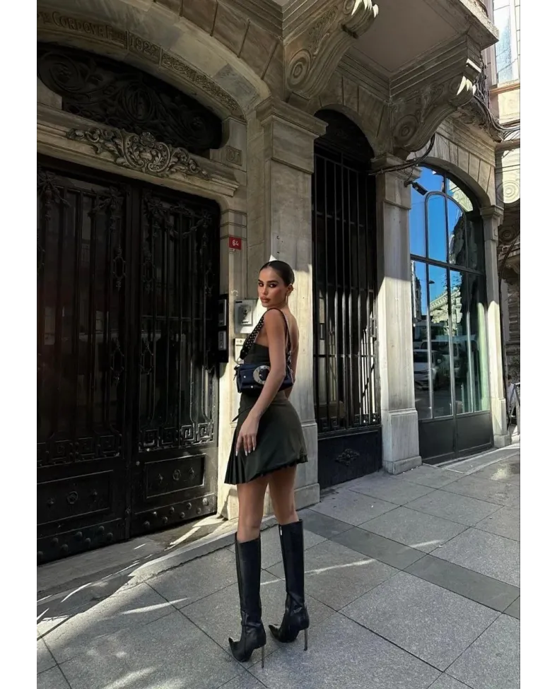 İki Parçalı Pileli Askılı Kadın Mini Elbise - Haki