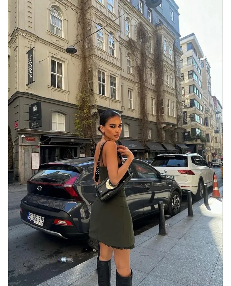 İki Parçalı Pileli Askılı Kadın Mini Elbise - Haki