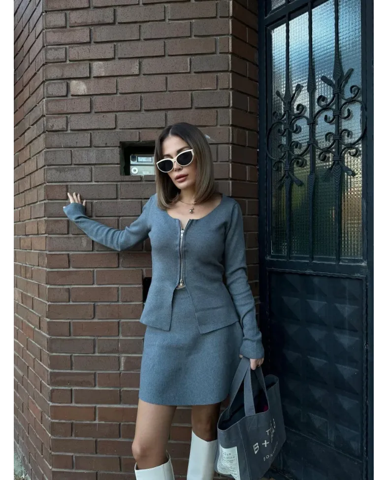 İkili Fermuarlı Hırkalı Etekli Takım - Füme