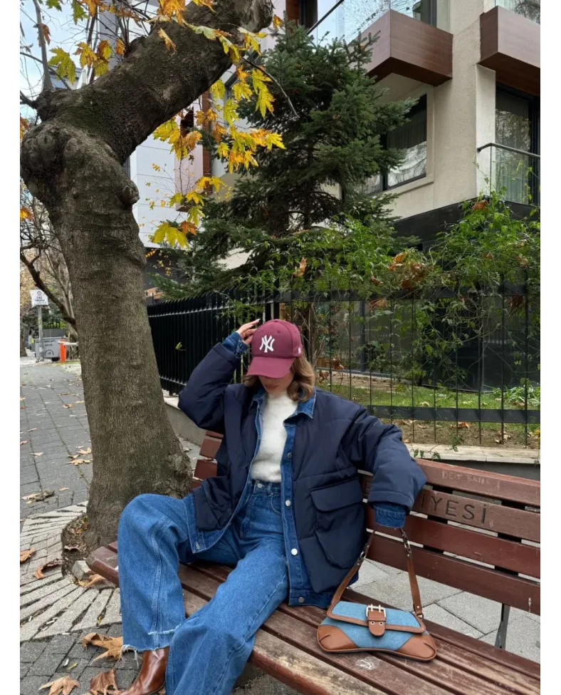 Jeans Detaylı Cıtcıtlı Ceket Mont - Lacivert