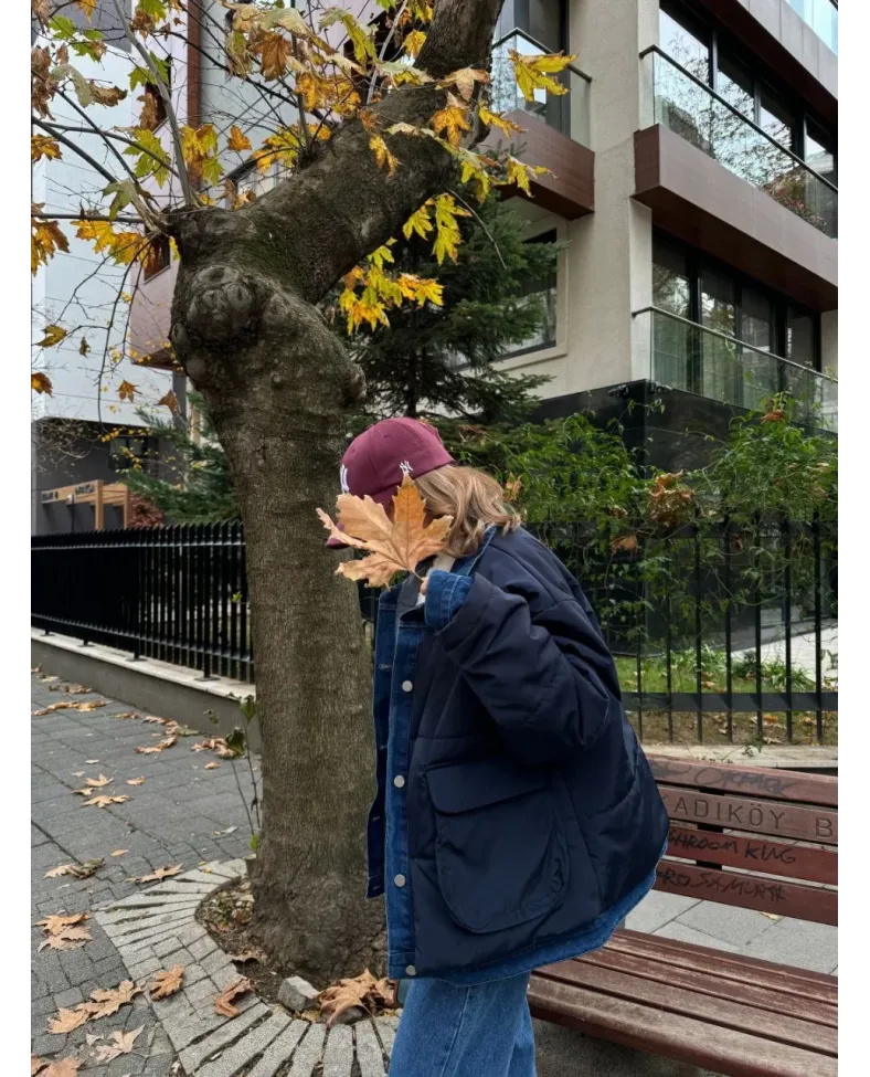 Jeans Detaylı Cıtcıtlı Ceket Mont - Lacivert