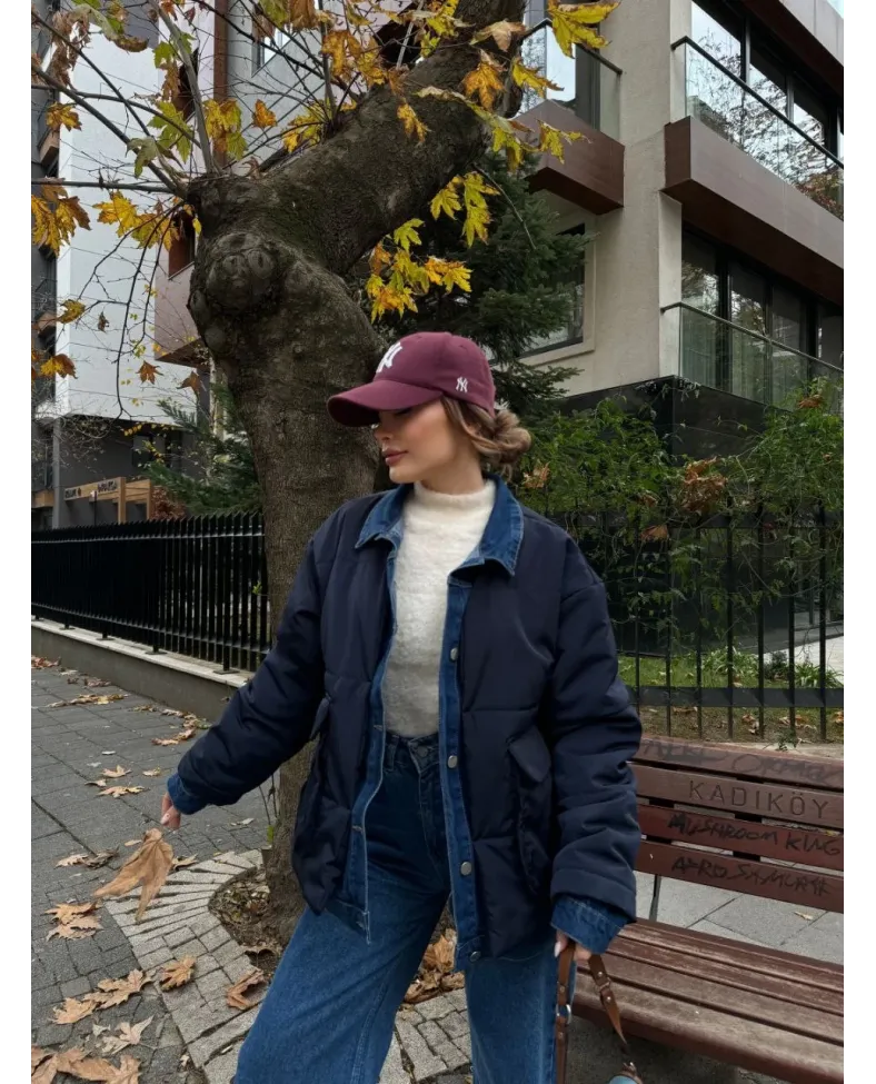 Jeans Detaylı Cıtcıtlı Ceket Mont - Lacivert