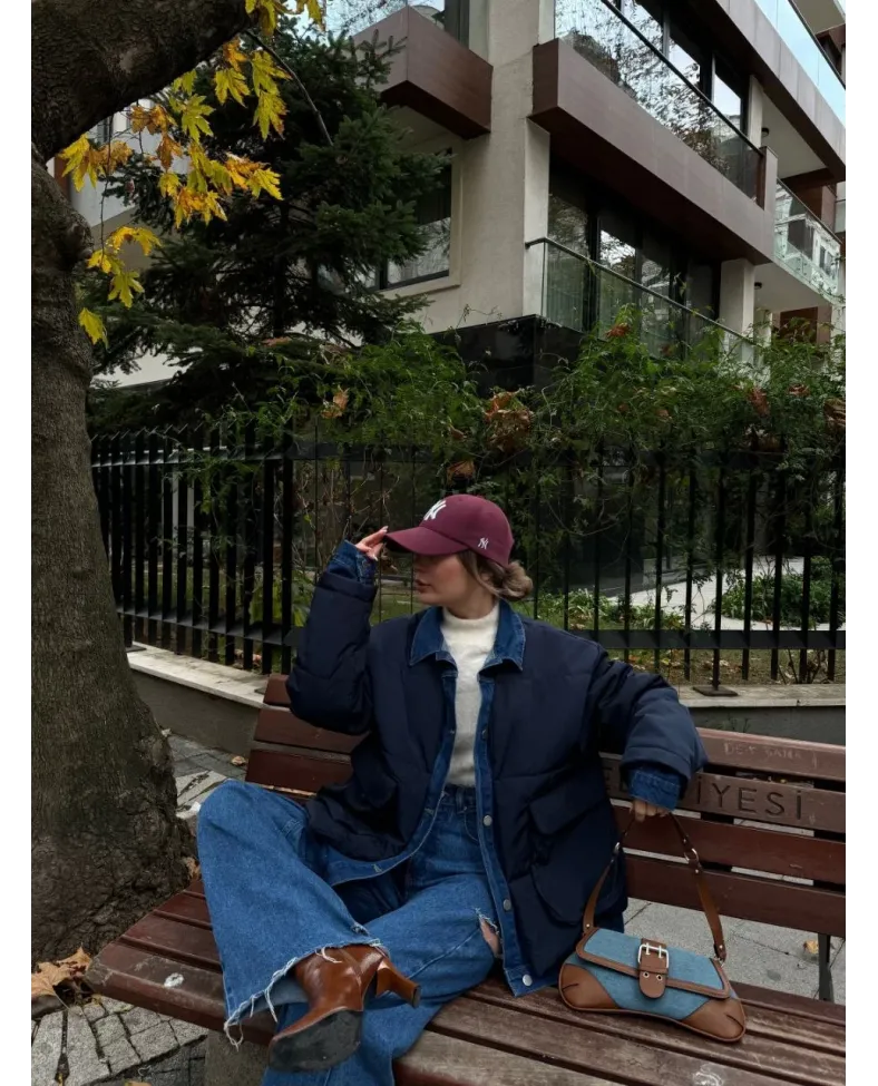 Jeans Detaylı Cıtcıtlı Ceket Mont - Lacivert