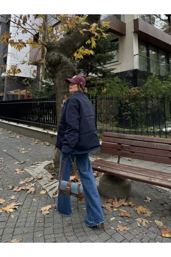 Jeans Detaylı Cıtcıtlı Ceket Mont - Lacivert