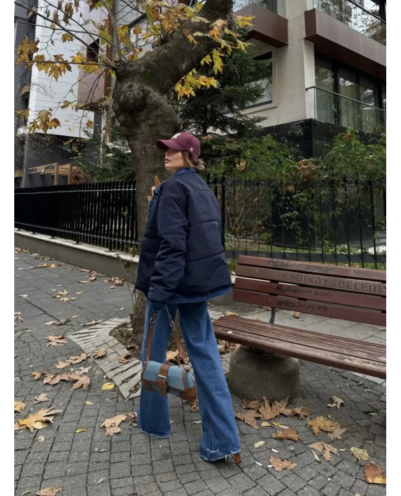 Jeans Detaylı Cıtcıtlı Ceket Mont - Lacivert