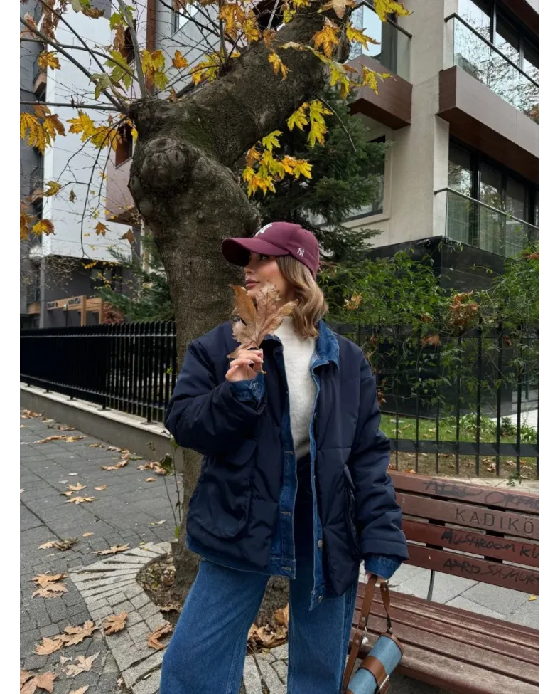 Jeans Detaylı Cıtcıtlı Ceket Mont - Lacivert