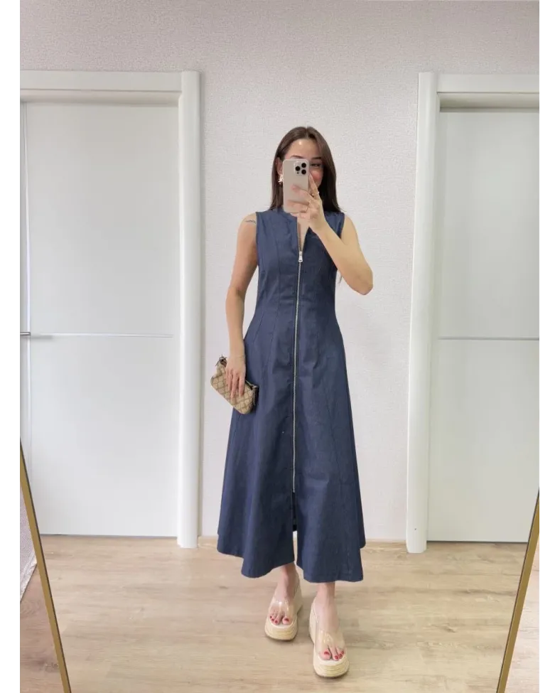 Jeans Kot Önü Tam Fermuarlı Kadın Uzun Elbise - Mavi