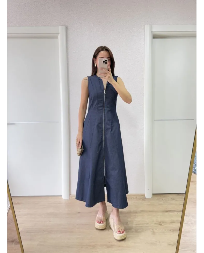 Jeans Kot Önü Tam Fermuarlı Kadın Uzun Elbise - Mavi