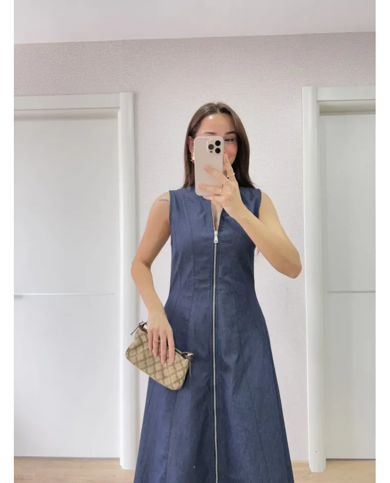 Jeans Kot Önü Tam Fermuarlı Kadın Uzun Elbise - Mavi