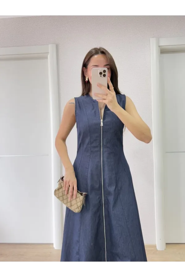 Jeans Kot Önü Tam Fermuarlı Kadın Uzun Elbise - Mavi