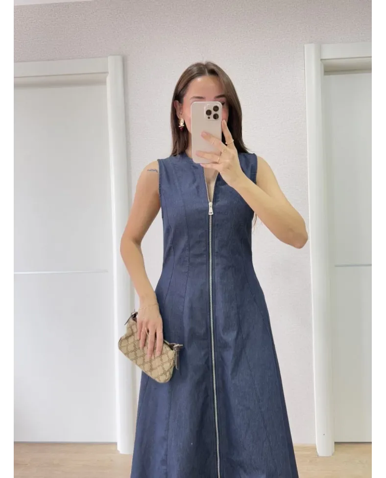 Jeans Kot Önü Tam Fermuarlı Kadın Uzun Elbise - Mavi