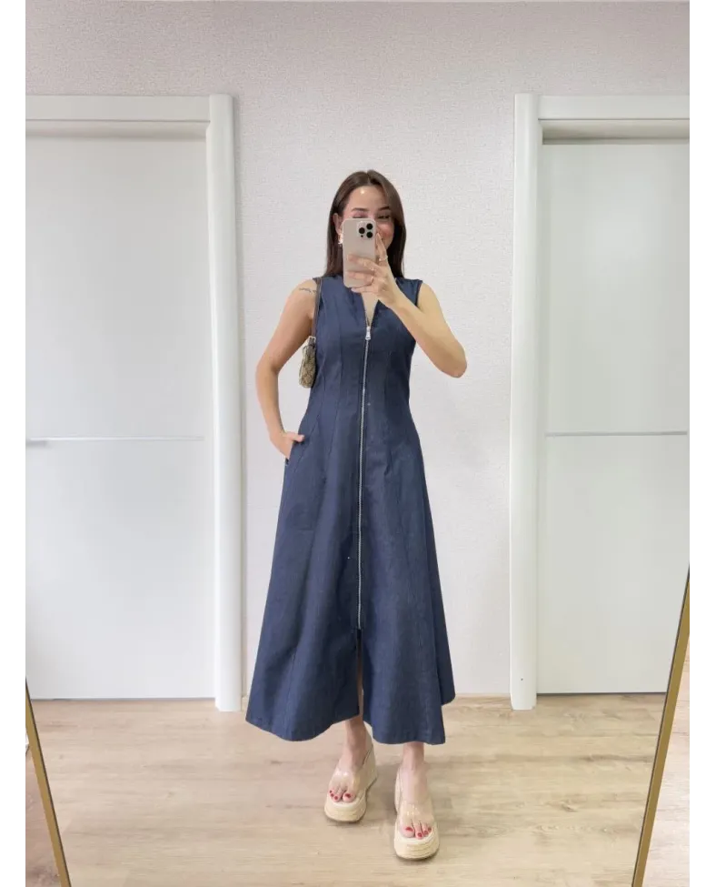 Jeans Kot Önü Tam Fermuarlı Kadın Uzun Elbise - Mavi