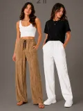 Kadın 2'li Bürümcük Kumaş Beli Lastikli Bağcıklı Bol Paça Pantolon - Beyaz/Vizon