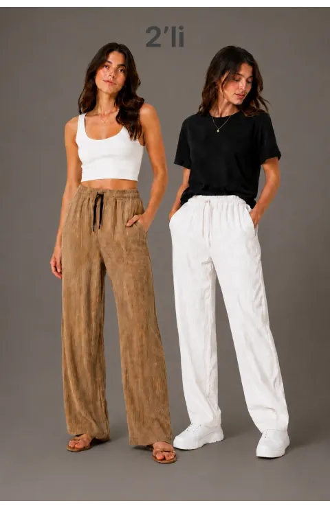 Kadın 2'li Bürümcük Kumaş Beli Lastikli Bağcıklı Bol Paça Pantolon - Beyaz/Vizon