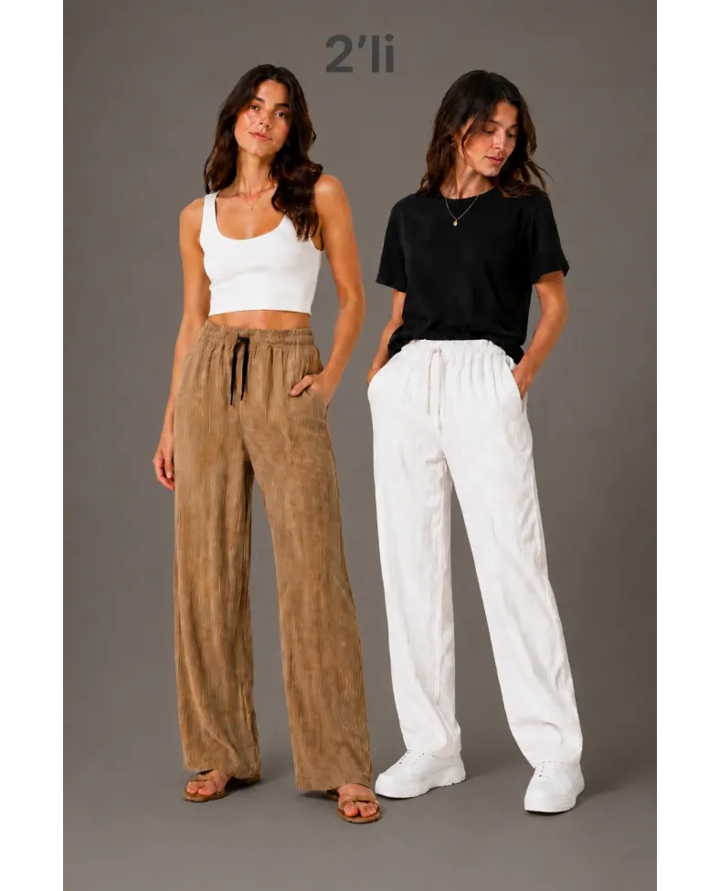 Kadın 2'li Bürümcük Kumaş Beli Lastikli Bağcıklı Bol Paça Pantolon - Beyaz/Vizon