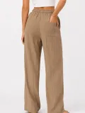 Kadın 2'li Bürümcük Kumaş Beli Lastikli Bağcıklı Bol Paça Pantolon - Beyaz/Vizon
