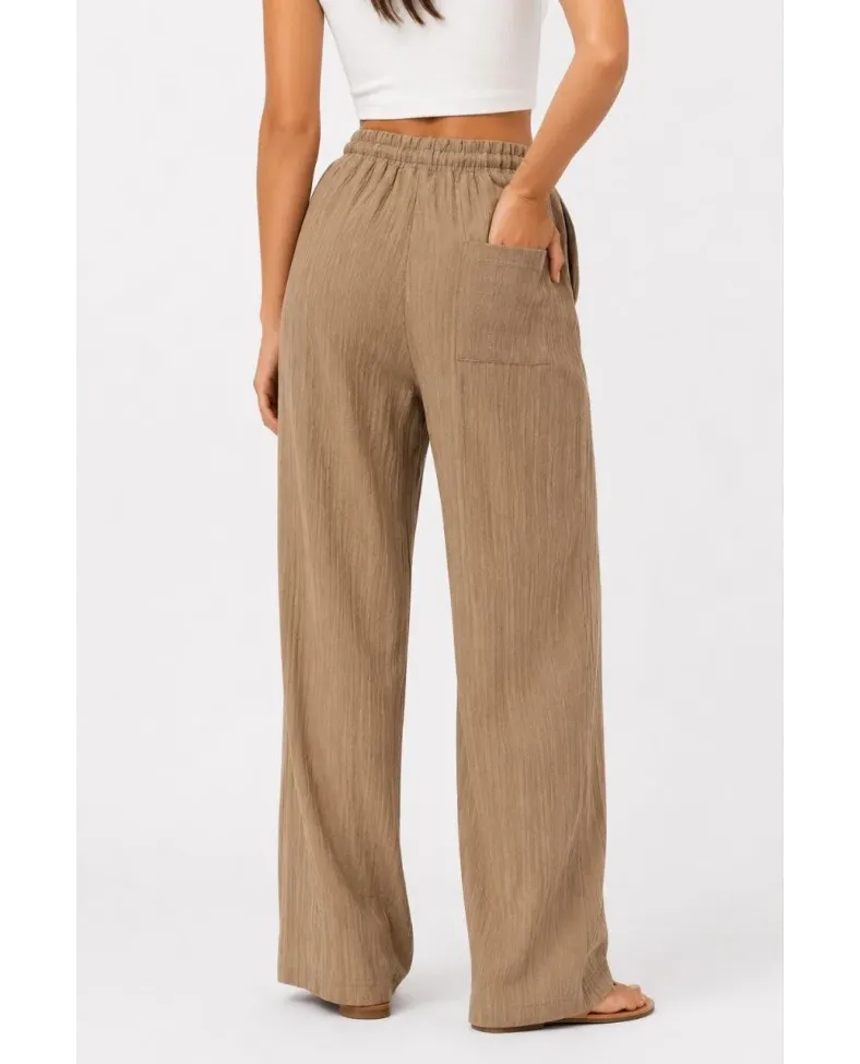 Kadın 2'li Bürümcük Kumaş Beli Lastikli Bağcıklı Bol Paça Pantolon - Beyaz/Vizon