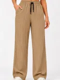 Kadın 2'li Bürümcük Kumaş Beli Lastikli Bağcıklı Bol Paça Pantolon - Beyaz/Vizon