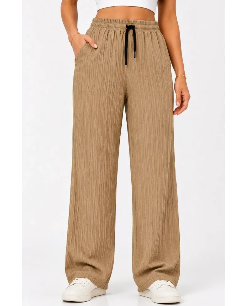 Kadın 2'li Bürümcük Kumaş Beli Lastikli Bağcıklı Bol Paça Pantolon - Beyaz/Vizon