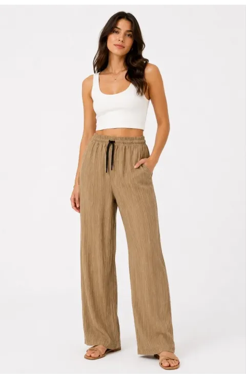 Kadın 2'li Bürümcük Kumaş Beli Lastikli Bağcıklı Bol Paça Pantolon - Beyaz/Vizon