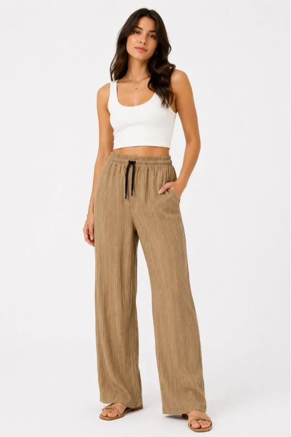 Kadın 2'li Bürümcük Kumaş Beli Lastikli Bağcıklı Bol Paça Pantolon - Beyaz/Vizon