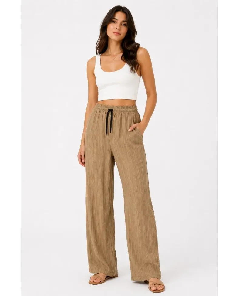 Kadın 2'li Bürümcük Kumaş Beli Lastikli Bağcıklı Bol Paça Pantolon - Beyaz/Vizon
