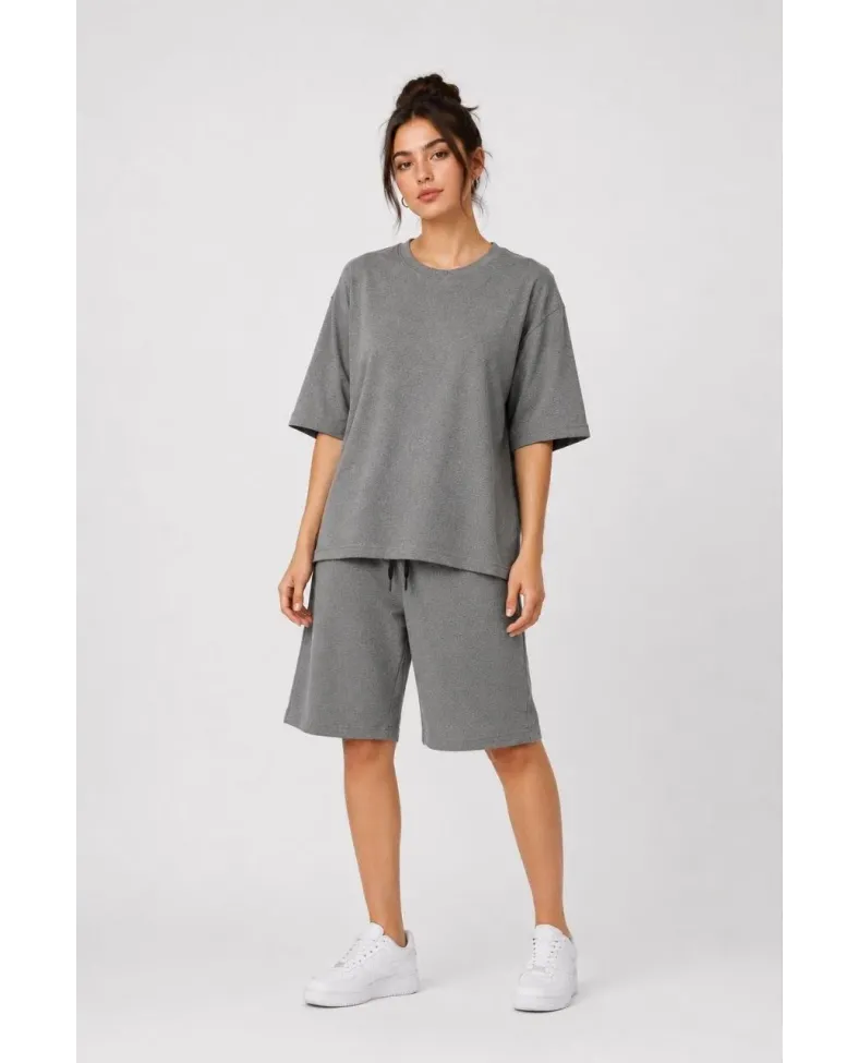 Kadın 3’lü Oversize Tişört Şort Takım Seti Yazlık İki İplik Kumaş - Gri, Saks Mavisi, Bej