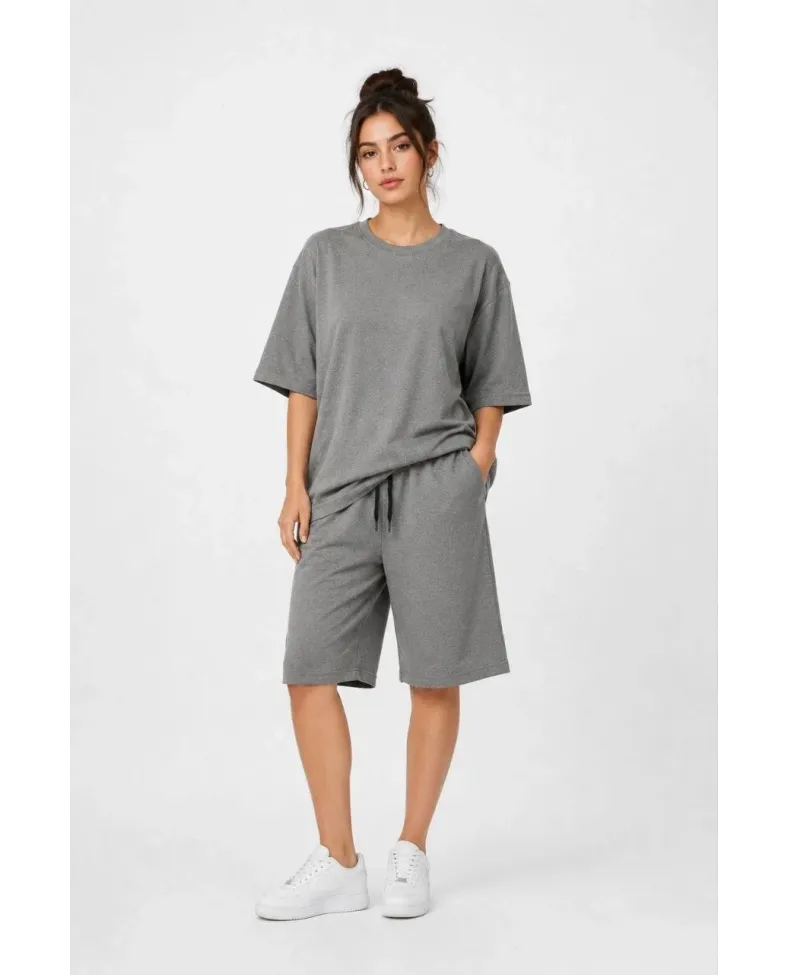 Kadın 3’lü Oversize Tişört Şort Takım Seti Yazlık İki İplik Kumaş - Gri, Saks Mavisi, Bej