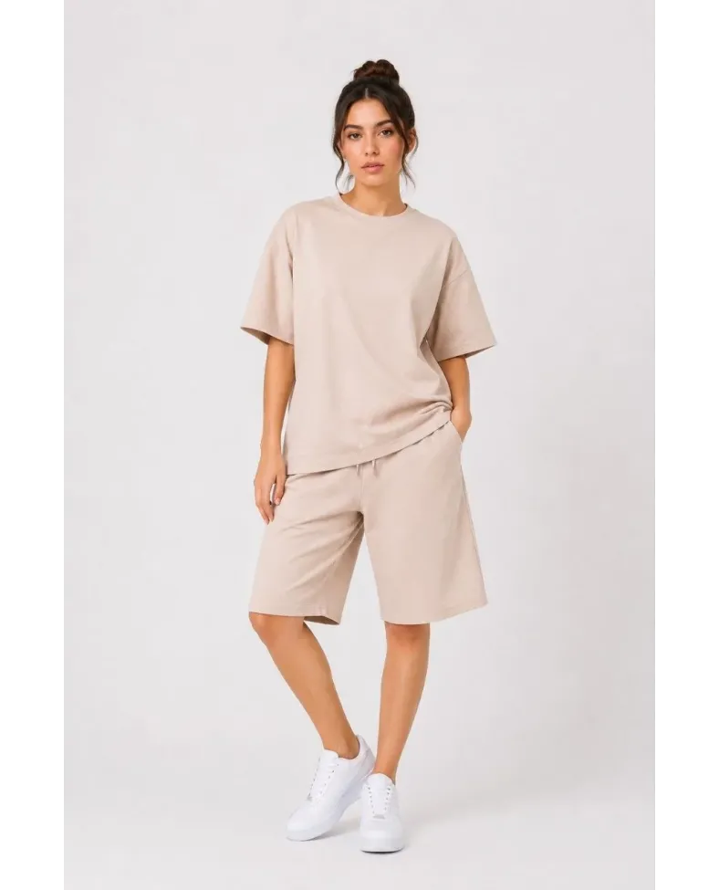 Kadın 3’lü Oversize Tişört Şort Takım Seti Yazlık İki İplik Kumaş - Gri, Saks Mavisi, Bej